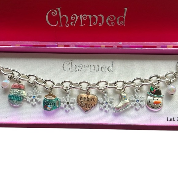 Silver Let It Snow Heart Winter Charm Bracelet with Snowflake Snowman Ice Skate - Picture 3 of 4